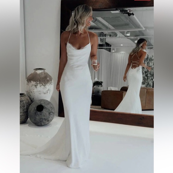 KissProm Dresses & Skirts - Cordelia Mermaid Satin White Spaghetti~Strap Wedding Gown With Lace~Up Back